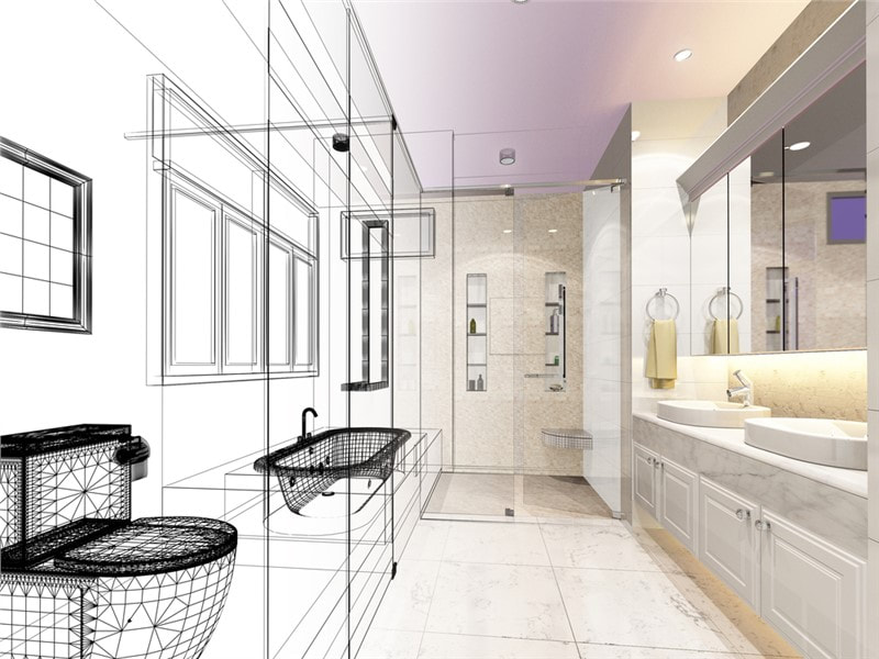 Bathroom Remodel Image - half bathroom half blueprint